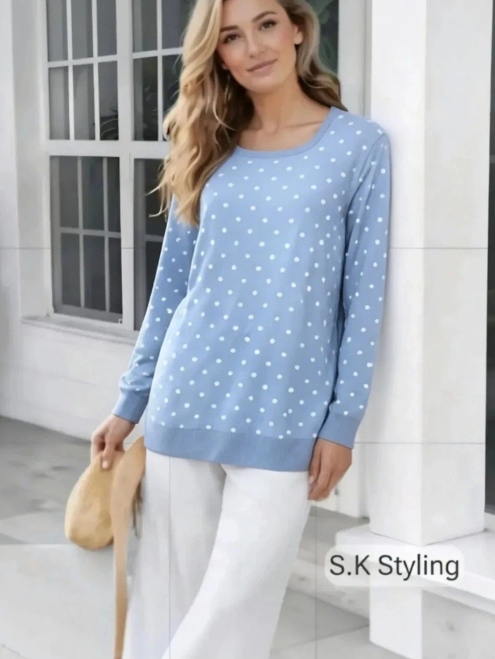 Venus Fashion Long Sleeve Pullover All Season Sweater Top Blue Polka Dot size 18